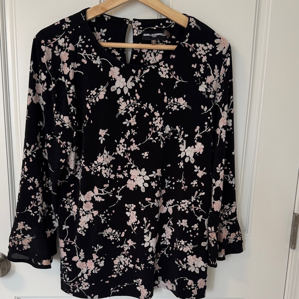 Karl Lagerfeld Black and Pink Floral Blouse